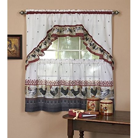 Park Avenue Collection Rooster Printed Tier and Swag Set - 57x24 Tier Pair/57x30 Swag - Burgundy
