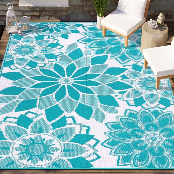 Findosom Outdoor Rug 8'x10' Reversible Waterproof Outdoor Patio Rug Mat Plastic Straw Rug Outdoor Area Rug Patio Camping Rug for RV Picnic Balcony Backyard Beach Outdoor Decor,Teal