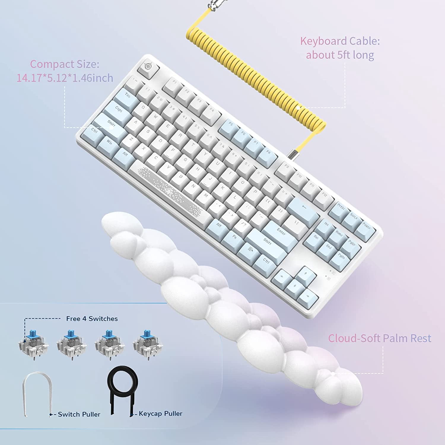 Lexontech AK873 Wired 87 Key TKL Mechanical Gaming Keyboard with Rainbow Backlit Hot-swap Tactile Blue Switch NKRO Gasket Ergonomic Wrist Rest Custom Coiled Aviator Cable for PC/Mac/PS4 Gamer