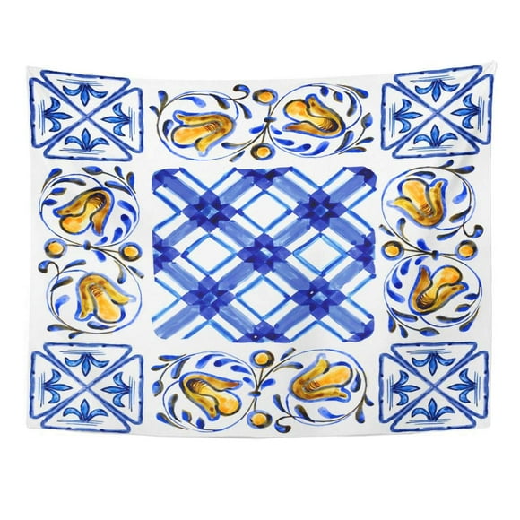 JSDART Orange Flower Italian Majolica Watercolor on Ceramic Tiles in Blue Brown Green and Yellow Colors Abstract Wall Art Hanging Tapestry Home Decor for Living Room Bedroom Dorm 60x80 inch