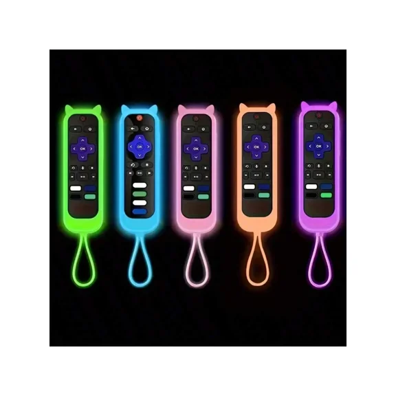 Roku Remote Cover Glow in the Dark Luminous Silicone Protective Case with Lanyard, Drop-Proof Cute Cat Ear Remote Sleeve for Roku TV and Streaming Stick