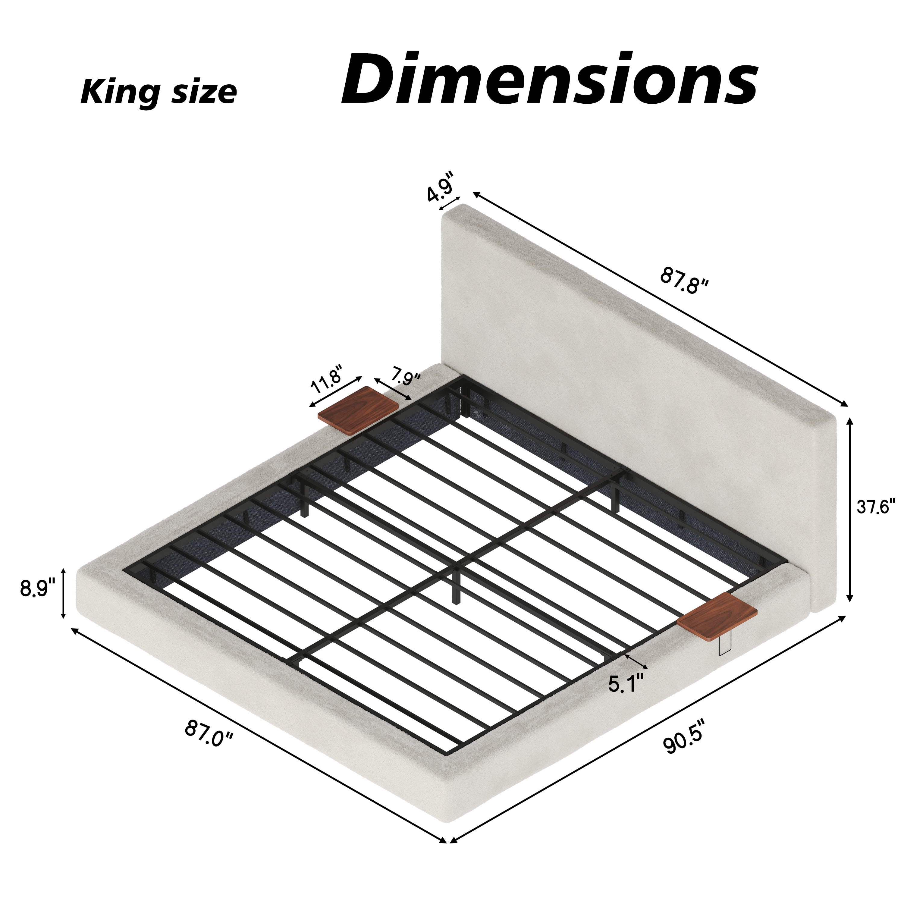 Howcool King Size Low Profile Bed Frame with Adjustable Sliding Side Table,Upholstered Bed,No Box Spring Needed,Easy Assembly