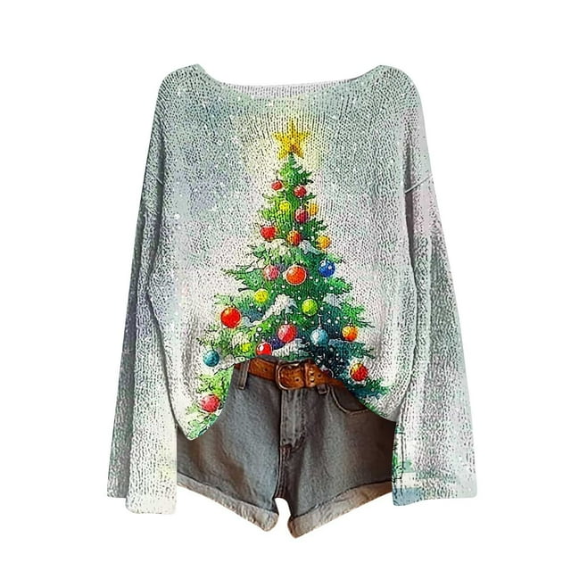 RXMEKW Chandail de Noël Imprimé pour Femmes, Col Rond Manches Longues Chandail Décontracté, Mélange Polyester Spandex, Vert Taille g
