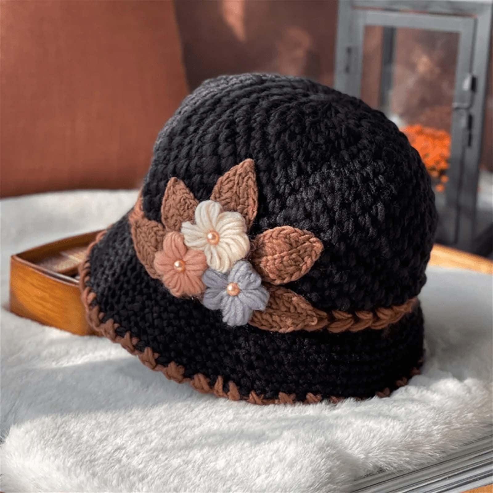 9344 Flower Women Beret, Double Layer Thickened Winter Knitted Beanie Beret Beret Hats For Women Christmas French Thicken Women main image 2