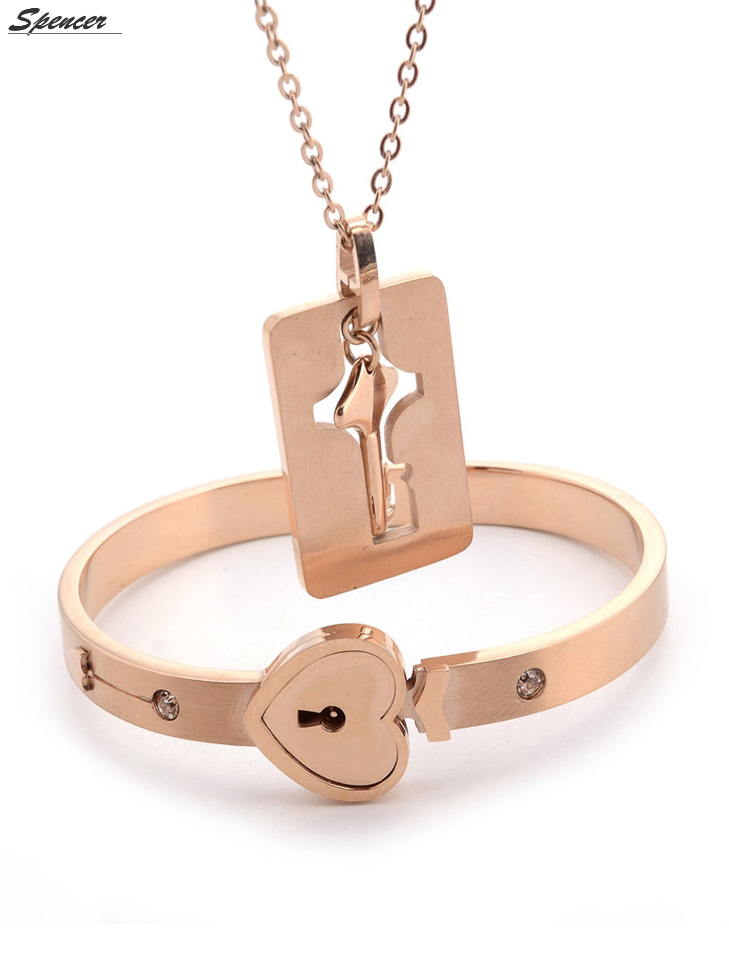 Spencer Titanium Steel Couple Love Heart Lock Bangle Bracelet & Key Pendant  Necklace Set for Women Men Valentine's Day Anniversary Gifts Silver 
