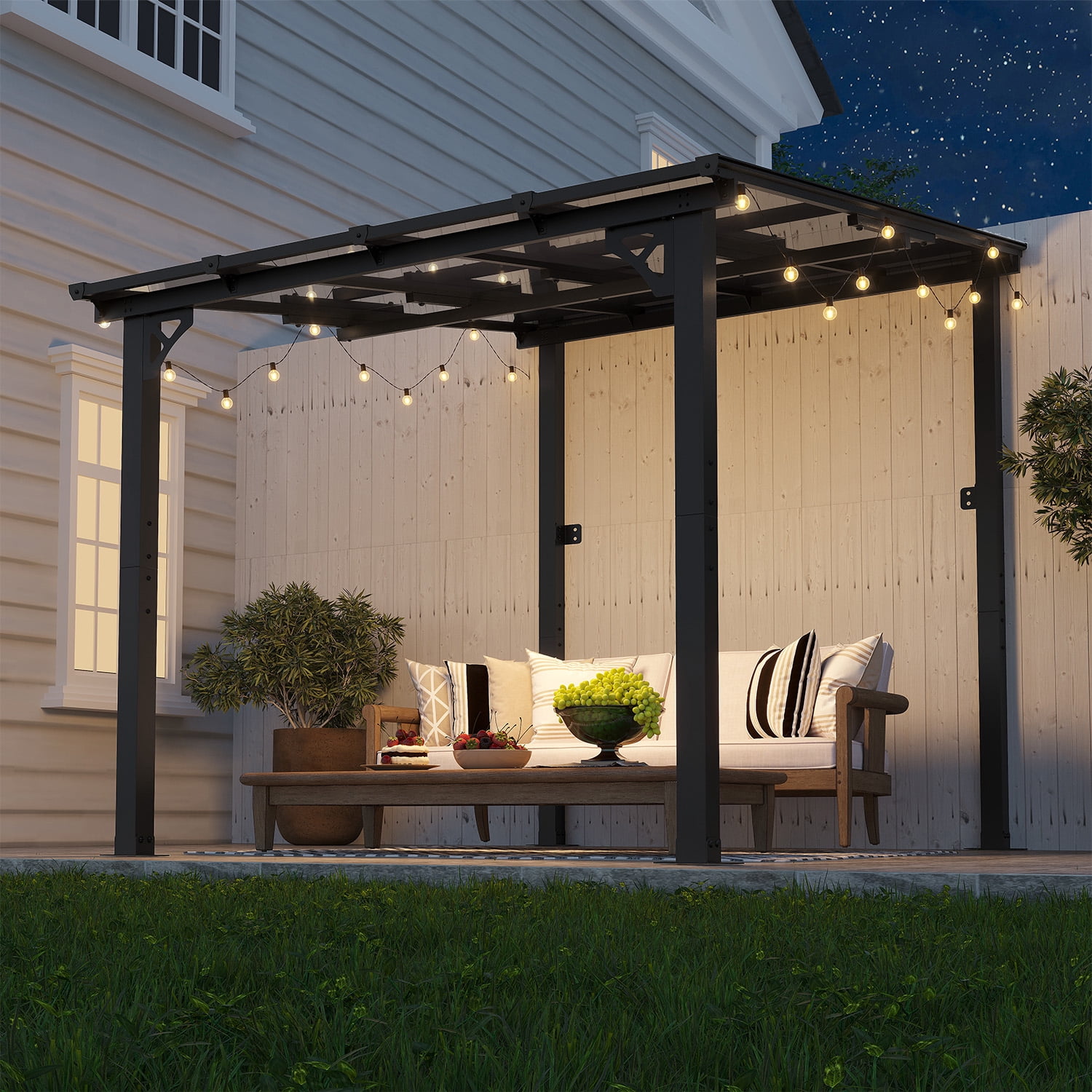 BaPiPro 8'x10' Hardtop Gazebo, Wall Mounted Lean-To Pergola for Patio, Aluminum Frame & Polycarbonate Roof, Waterproof Outdoor Canopy for Backyard, Porch, Deck