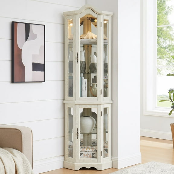 70"H Lighted Corner Curio Cabinet with Tempered Glass Doors, Glass Display Cabinet with Curved Top Carving, Light Bulb and Carved Handles, Morden Narrow Cabinet for Living Room, Bedroom, White