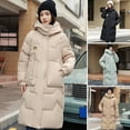 thumbnail image 2 of Winter Women Cotton Jacket Detachable Hood Neck Long Sleeves Pockets Knee Length Zipper Closure Padded Coat Solid Color Windproof Outwear Parka, 2 of 8