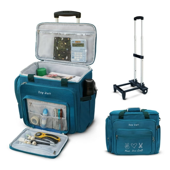 Large Craft Bag With Detachable Wheels - Water Resistant Storage Organizer, Teacher Tote, Work Bag, Sewing Machine Case - Blue