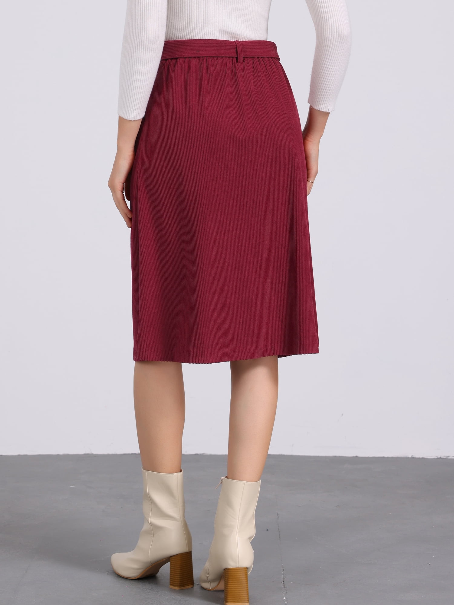 DARING DIVA Women's High Waist Button Front A-Line Belted Corduroy Skirt L Wine Red
