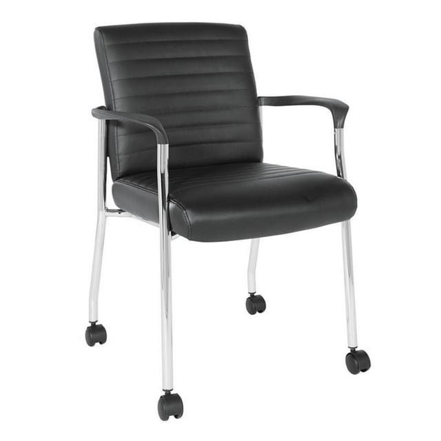 Guest Chair in Black Faux Leather with Chrome Frame and Casters