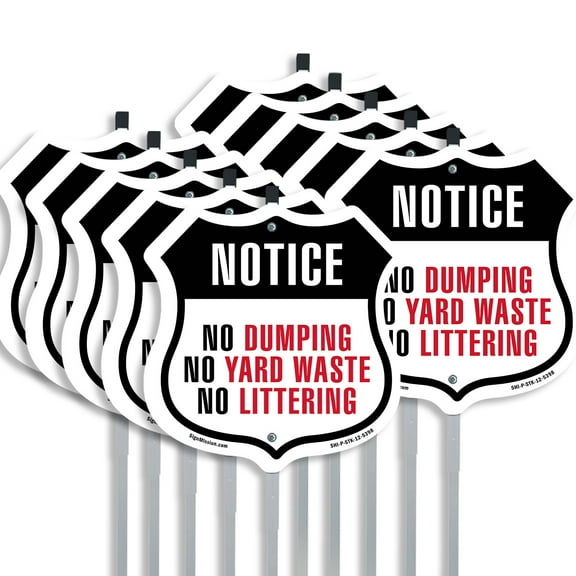 Notice No Dumping No Yard Waste No Littering (10 Pack) 12 inch X 12 inch Shield Shaped Commercial Grade Plastic Signs with Aluminum Mounting Stakes Weather Resistant Made in the USA