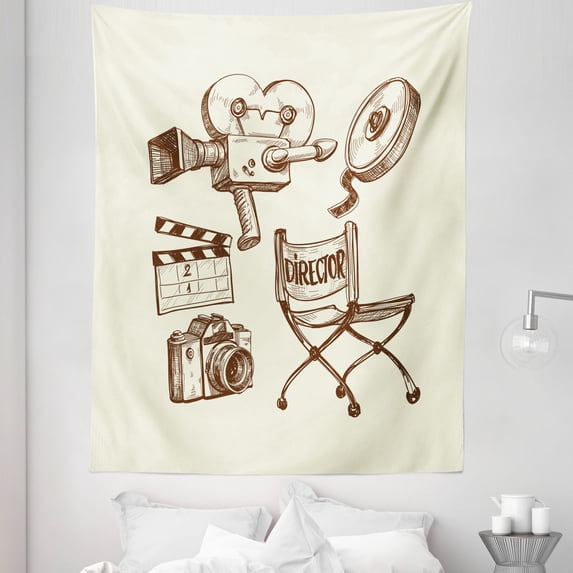 Movie Theater Tapestry, Photography and Cinema Vintage Set in Sketch Art Style Director Shooting, Fabric Wall Hanging Decor for Bedroom Living Room Dorm, 5 Sizes, Beige Brown, by Ambesonne