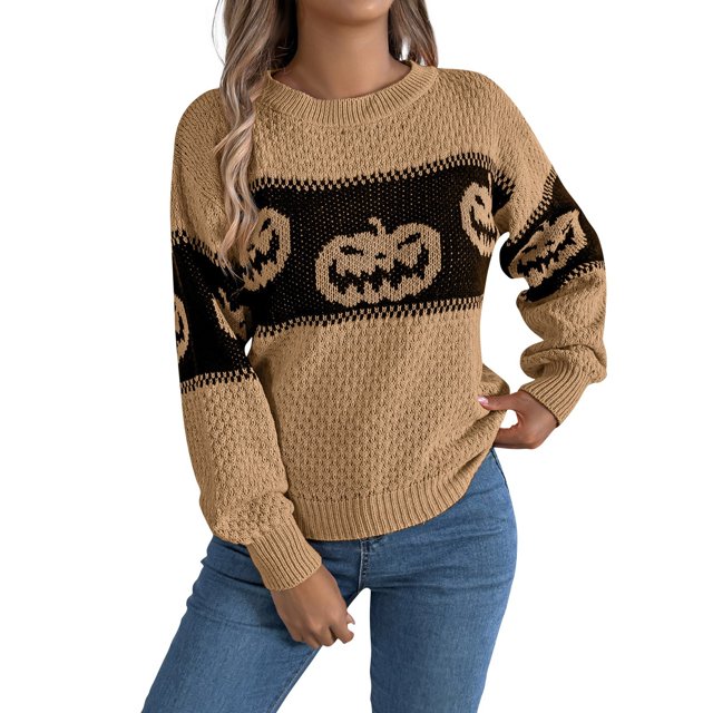 Suéter de calabaza de Halloween para mujer, jersey de manga larga de punto gris, jersey informal para vacaciones de otoño, cómodo y elegante