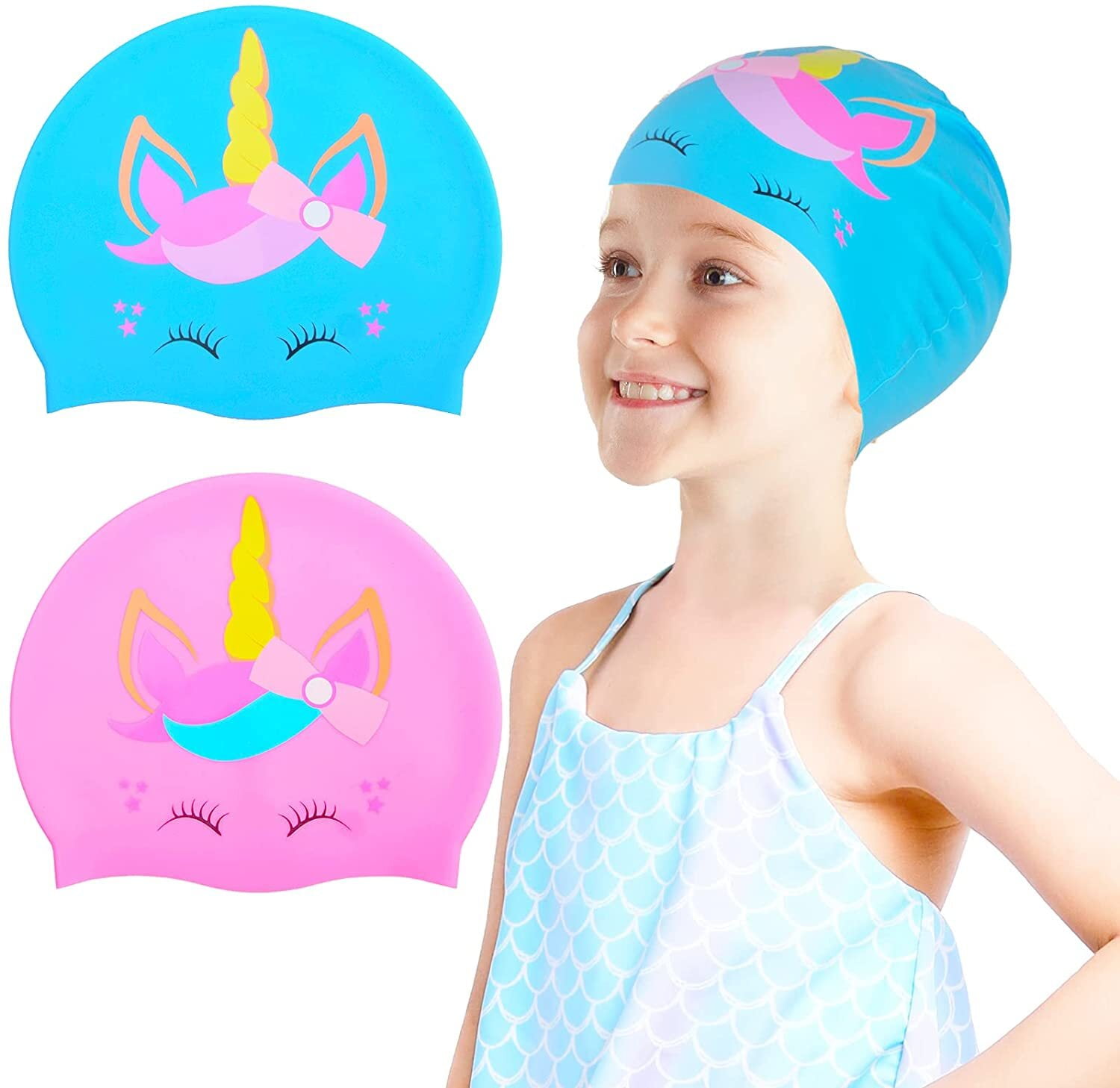 Age 3-8 3 Pieces Waterproof Bathing Caps Swim Hat for Long and Short Hair 3 Pieces Kids Swim Caps for Girls Boys Silicone Swimming Caps with Swim Bag for Toddler Child Youth Teen 