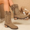 thumbnail image 5 of Suede Cowboy Boots for Women Braided Lace up Fringe Mid Calf Western Riding Boots Stacked Heel Booties, 5 of 8
