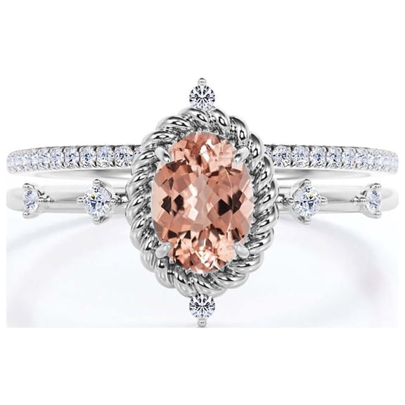 Dazzling Art nouvea 2.00 Carat Oval Cut Morganite And Diamond Moissanite Engagement Ring, Wedding Ring in 925 Sterling Silver With 18k White Gold Plating, Compass Ring, Bridal Set, Matching Band