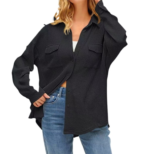 Camisa con bolsillos de color liso para mujer: top de punto holgado de manga larga, poliéster, versátil para primavera/otoño, tallas US 4-12, EU 34-42
