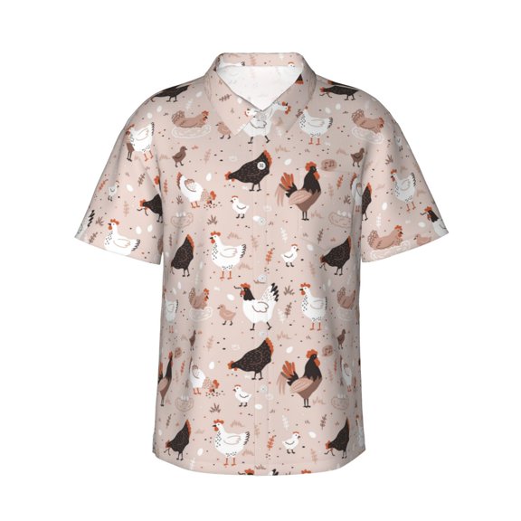 Fotbe Funny Chicken Hawaiian Shirt for Men Unisex Summer Beach Casual Short Sleeve Cotton Linen Button Down Shirts-3X-Large