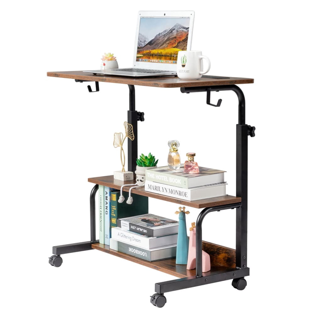 Hassch Portable Rolling Desk with Charging Station on Wheels, 26.4"-41.5" Height Adjustable Computer Desk with Storage Shelves for Home Office, Portable Writing Desk for Small Space, Brown