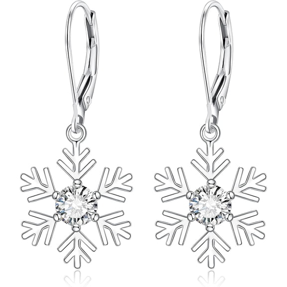 925 Sterling Silver Snowflake Earrings for Women, Christmas Cubic Zirconia Winter Snowflakes Leverback Drop Dangle Earring Snowflake Jewelry Gifts Accessories for Xmas New Year[d840]