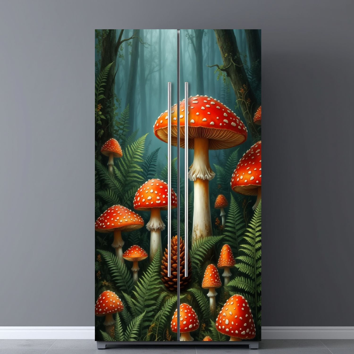 Self Adhesive Vinyl Refrigerator Wrap Set Mushrooms Forest Ferns Pinecone Mystical Fantasy Botanical Door Mural Removable Fridge Sticker Peel and Stick&nbsp;Full Door Cover Decal Kitchen Bar Decor