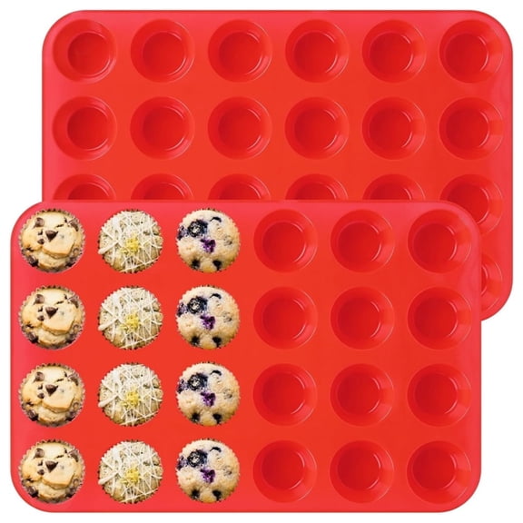 HXRH 24 Cups Muffin Pan,2 Pack Silicone Cupcake Mold,Non-stick Baking Pan,Round Small Egg Bite Molds,Mini Tray,Great for Making Tart, Bread, Chocolate, Cookies (Red)