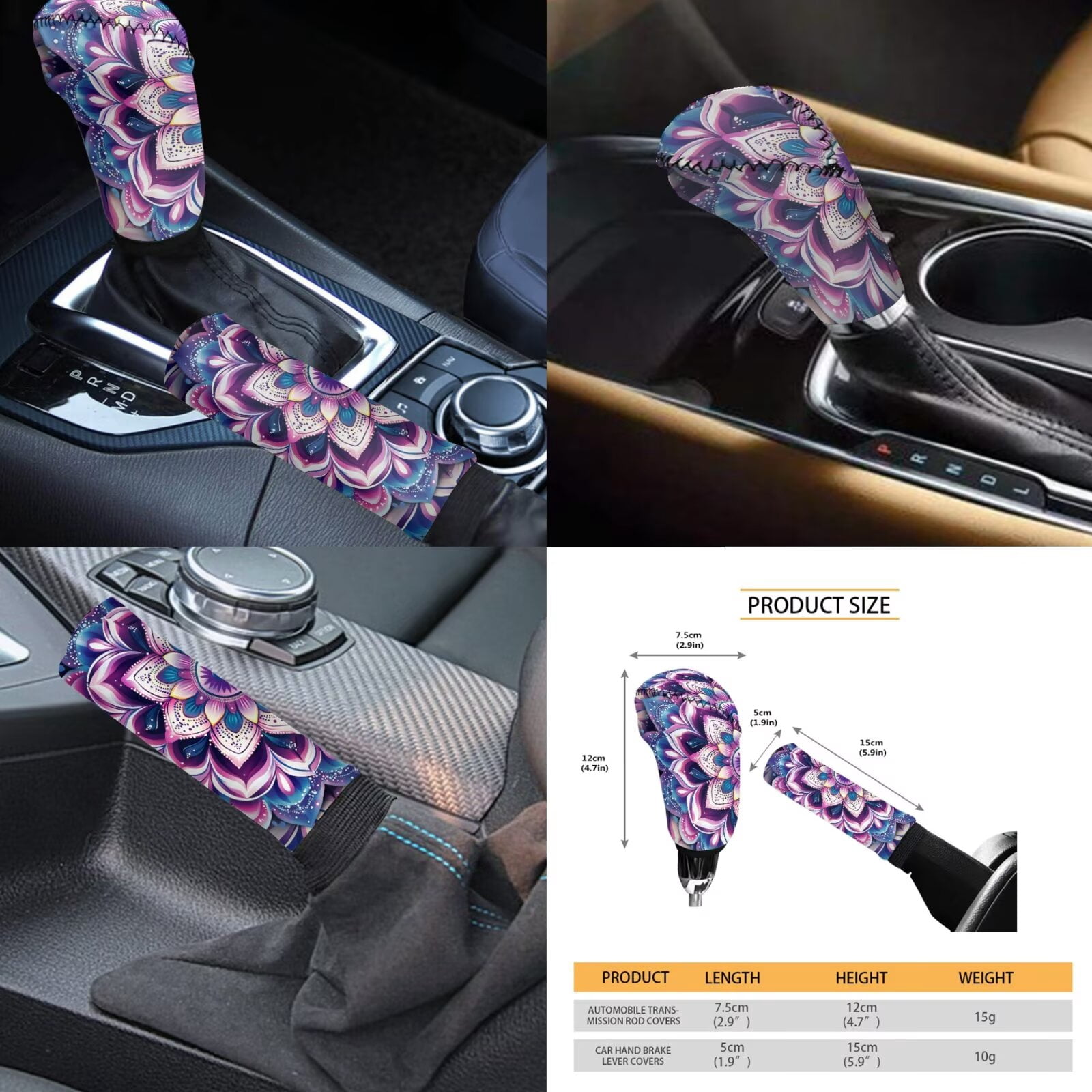 Jeiento Purple Boho Mandala Car Seat Covers Full Set with Headrest Covers, Auto Keychain Holder, Cup Coasters, Gear Shift Cover, Handbrake Cover, 11 Piece Automobile Interior Sets
