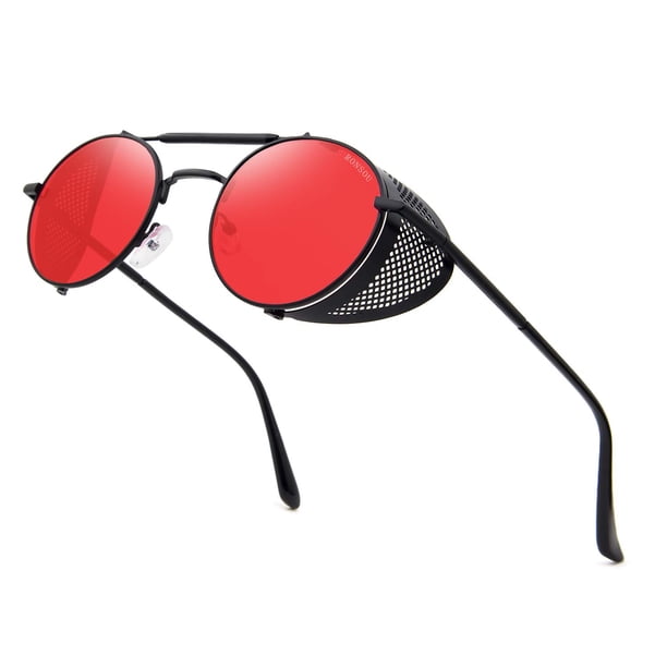 Gafas de Sol RONSOU Estilo Steampunk Redondas Vintage UV400 negro y rojo
