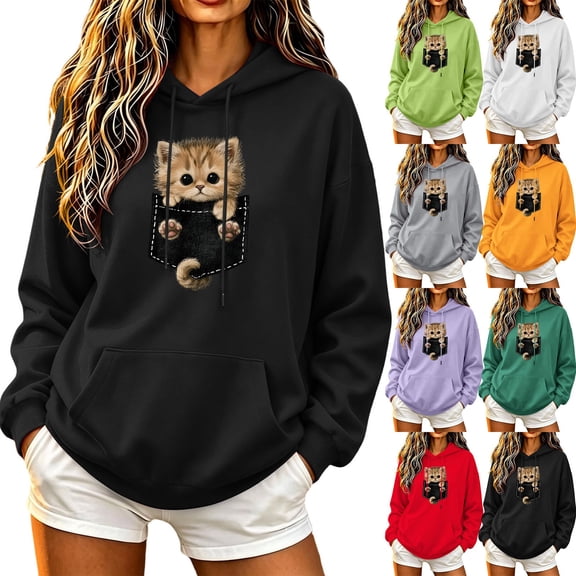Cat Printed Graphic Hoodie For Women, Oversized Long Sleeve Hooded Sweatshirt, Teen Fall Fleece Lined Cute Casual Pullover Tops