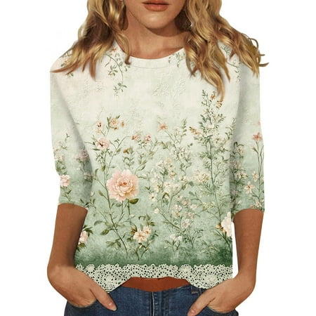 Sexy Tops For Women  3/4 Sleeve Shirts Cute Flower Print Graphic Tees Blouses Casual Plus Size Basic Tops Pullover Formal Shirts Women Long Crop Tops Womens Tank Tops Corset (5XL  Green) ZMTing