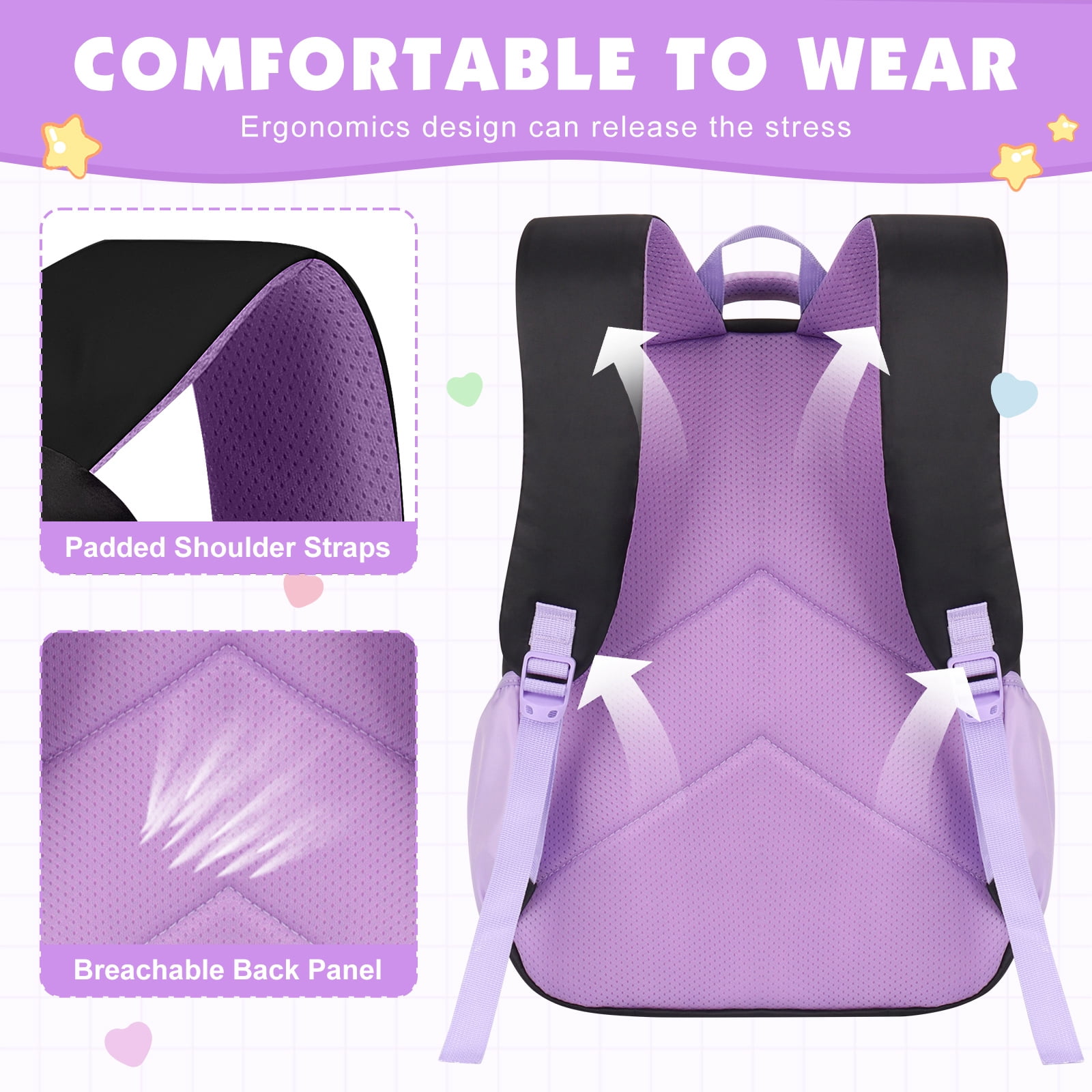 DAKIMOE School Backpack for Teens Cute Girlish Middle High School Bookbag Large Capacity Lightweight Waterproof Daypack for College Students, Black and Purple