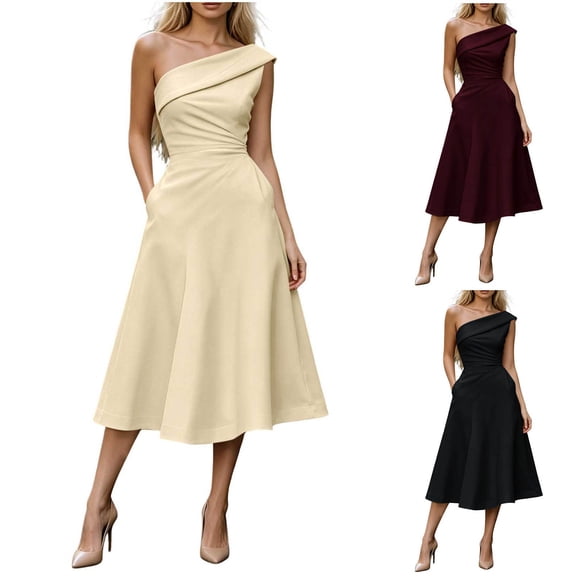 Women's One Shoulder Sleeveless Midi Dress Solid Fitted Waist A Line Flowy Dress with Pockets, Elegant Party Dress for Wedding Guest, Cocktail and formal Occasions Wine