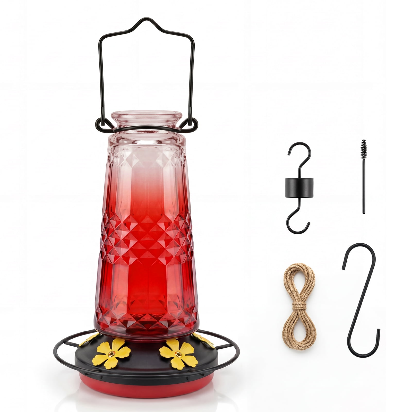 (2 pack) Kingsyard 18.6 oz Red Ombre Glass Hummingbird Feeder, 5 Yellow Ports, Ant Moat Included