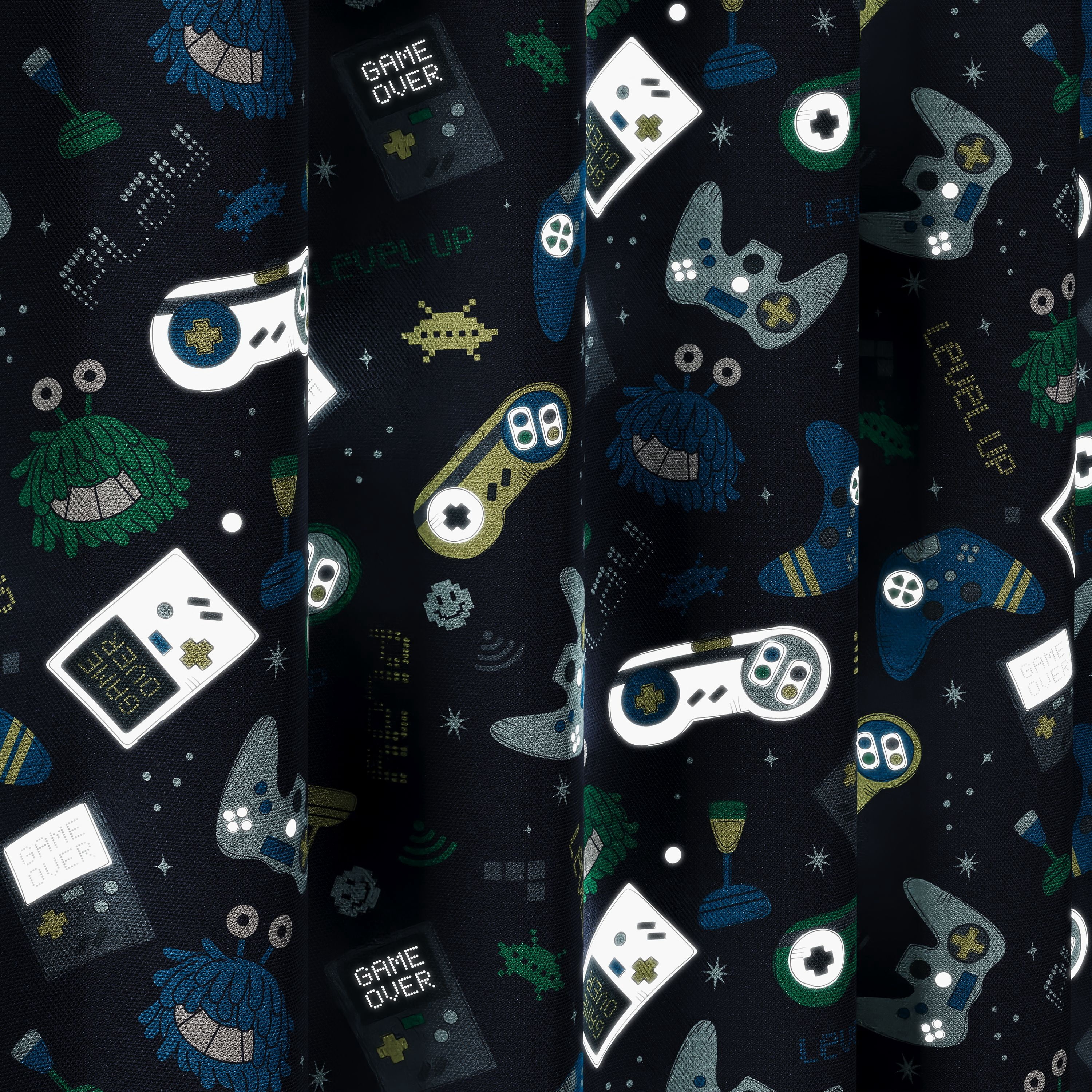 Mainstays Kids Navy Blue Printed Glow in the Dark Blackout Rod Pocket with Back Tabs Single Curtain Panel, Gamer Print, 38" W x 84" L