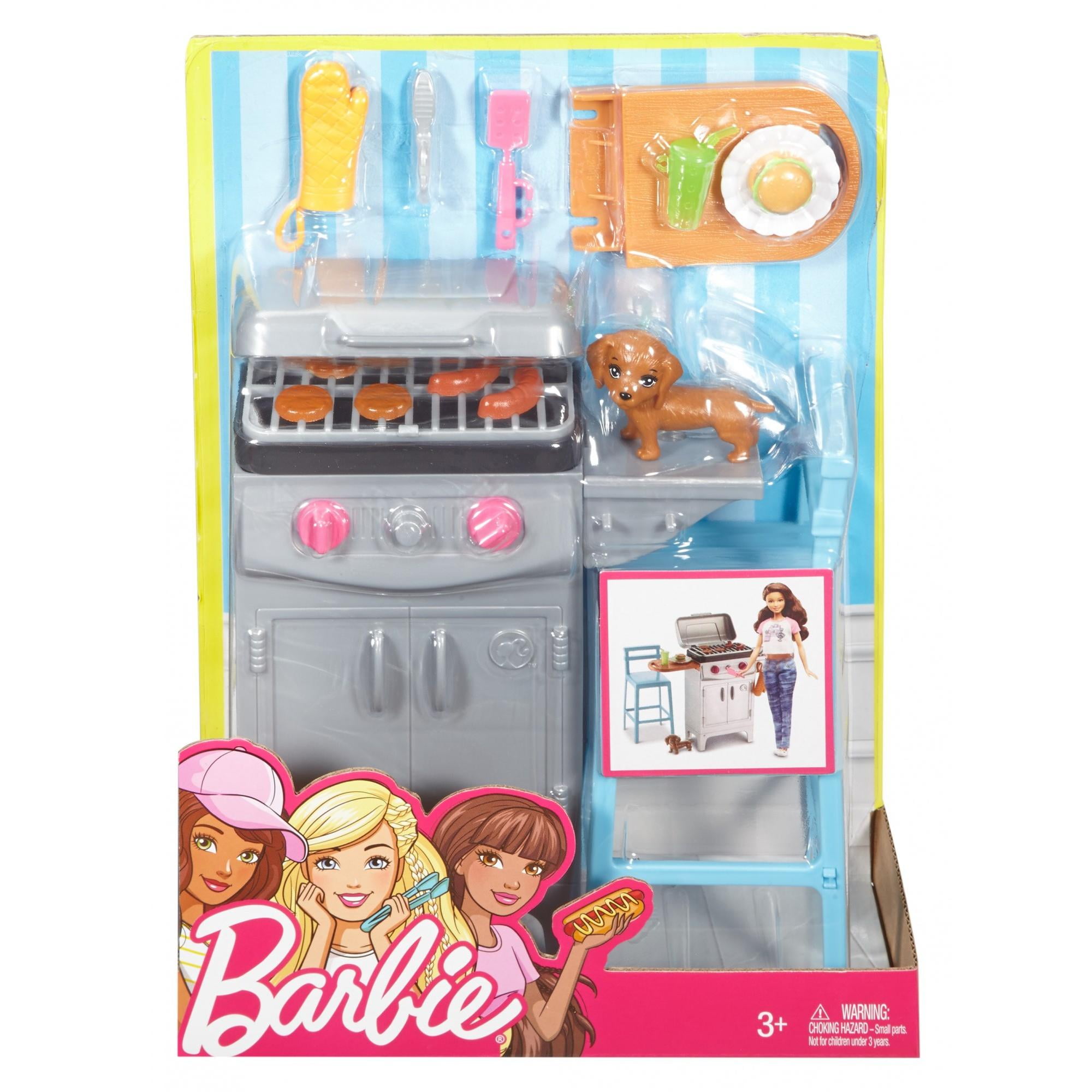 Barbie Furniture Set Barbecue Theme with Puppy, Grill, Stool 