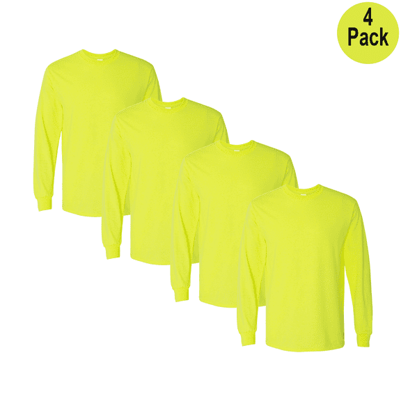 Gildan Men's Long Sleeve Hi Vis T-Shirt, Heavy Cotton Crew Neck Tee, Safety Green, Size S, 4 Pack
