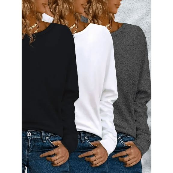 ZOELNIC 3 Pack Womens Plus Size Long Sleeve Shirts Crew Neck Basic Tee Tops Loose Fit Fall Outfits for Women 1X-5X