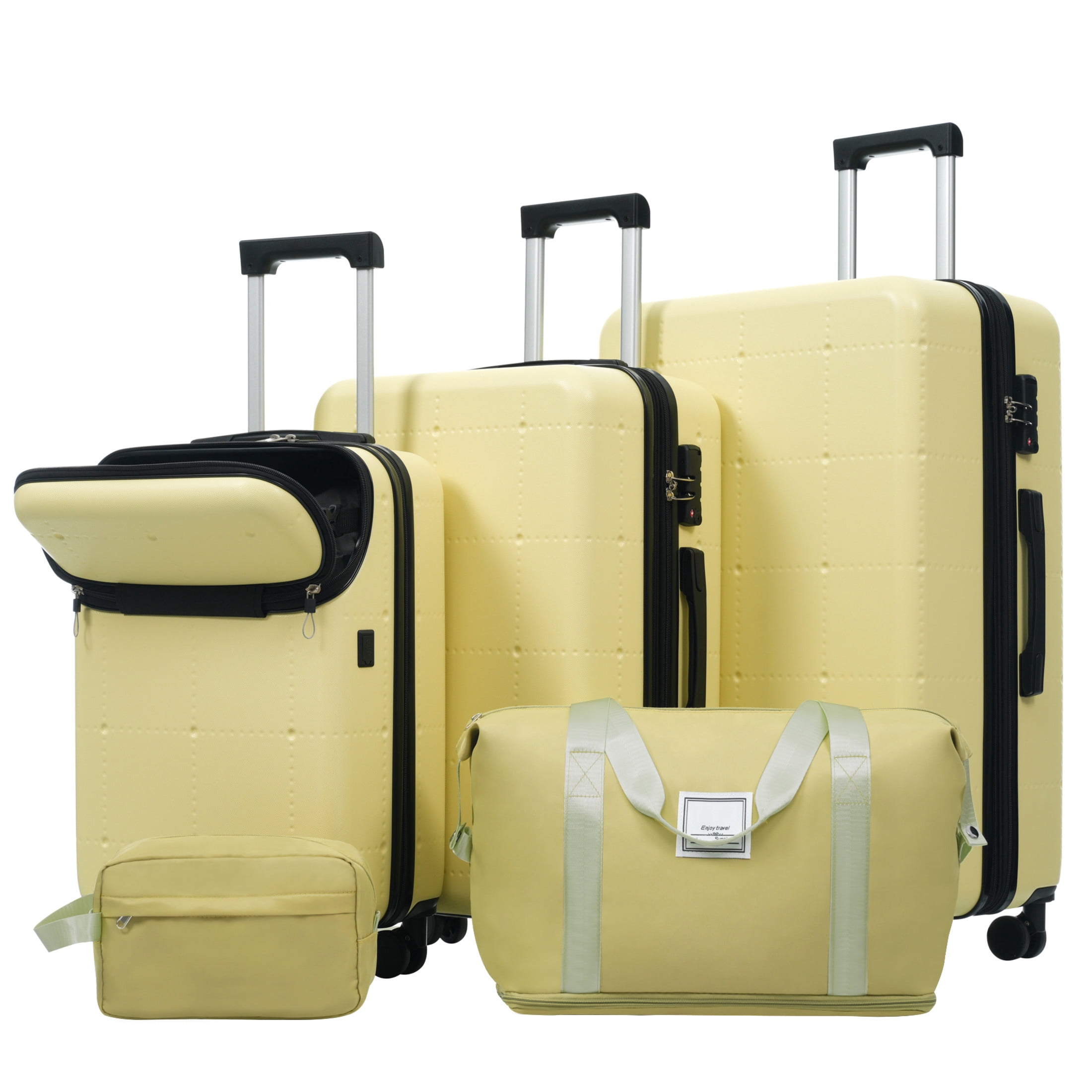 GDF Studio 5-Piece Hardside Luggage Set, Carry-On Suitcase with USB Port and Checked Bags, Spinner Wheels, Yellow
