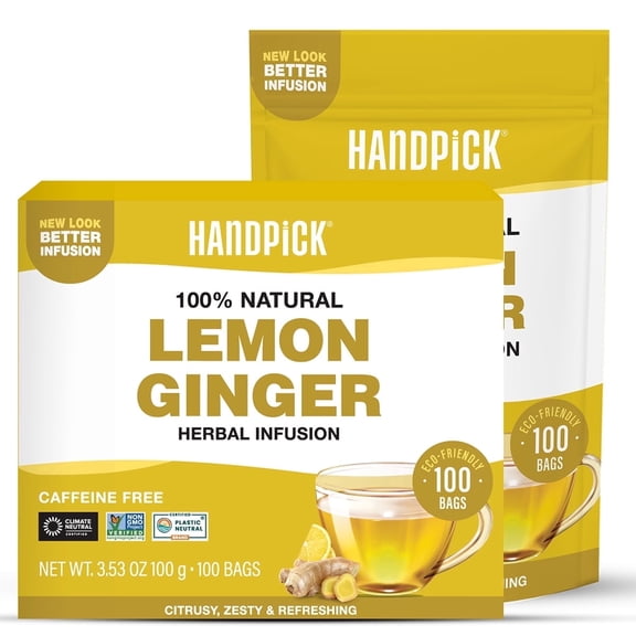 HANDPICK, Lemon Ginger Herbal Tea - 100 Pyramid Tea Bags | 100% Natural Ingredients, Tasty & Citrusy Hand-made Blend of Lemon & Ginger | Caffeine Free, Gluten Free | No Artificial Ingredients