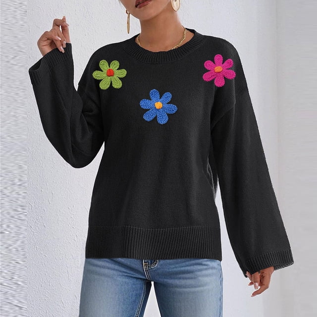 HongQid Chandail Floral pour Femmes Manches Longues Col Rond Décontracté Coloré