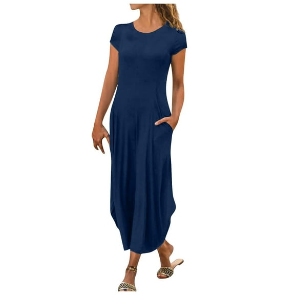Pejock Women's Casual Loose Sundress Long Dress Short Sleeve Split Maxi Dresses Summer Beach Dress with Pockets Blue L (US Size: 8)