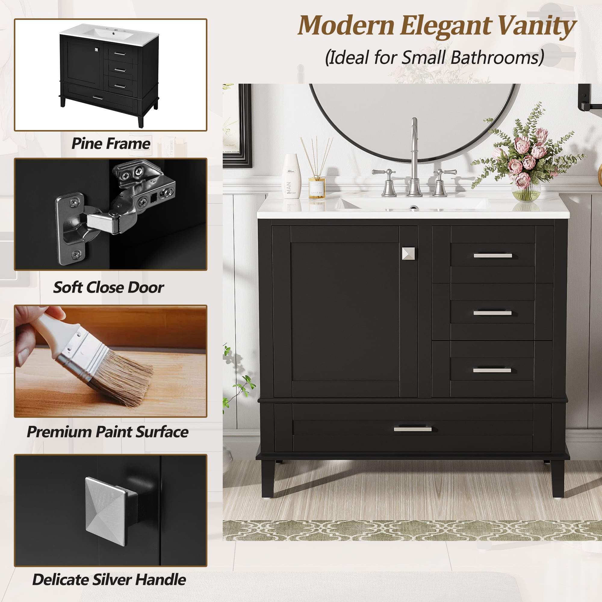 Euroco 36" Black Bathroom Vanity with Solid Pine Frame, 1 Soft Close Door and 3 Drawers , Modern Storage Cabinet