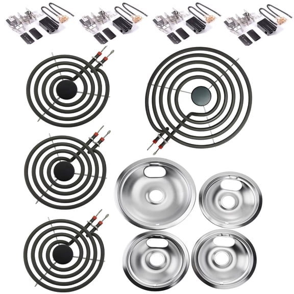 MP31YA Electric Range Burner Element Unit Set with 330031 Surface Element Receptacle Kit and Silver Drip Pans Compatible with Whirlpool Kenmore Maytag Range Oven