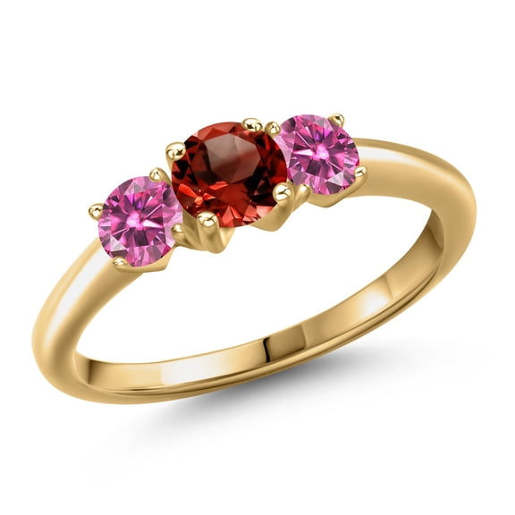 Gem Stone King 18K Yellow Gold Plated Silver Red Garnet and Pink Moissanite Engagement Ring for Women | 1.01 Cttw | Round 5MM | Gemstone January Birthstone | Size 9