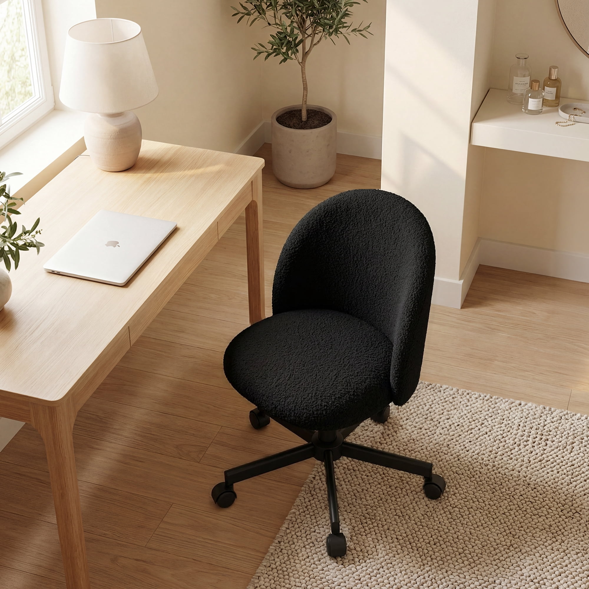 CELTOSS Home Office Desk Chair, Cute Teddy Fabric Swivel Vanity Stool, Mid Back Adjustable Armless Task Chair with Wheels, Black