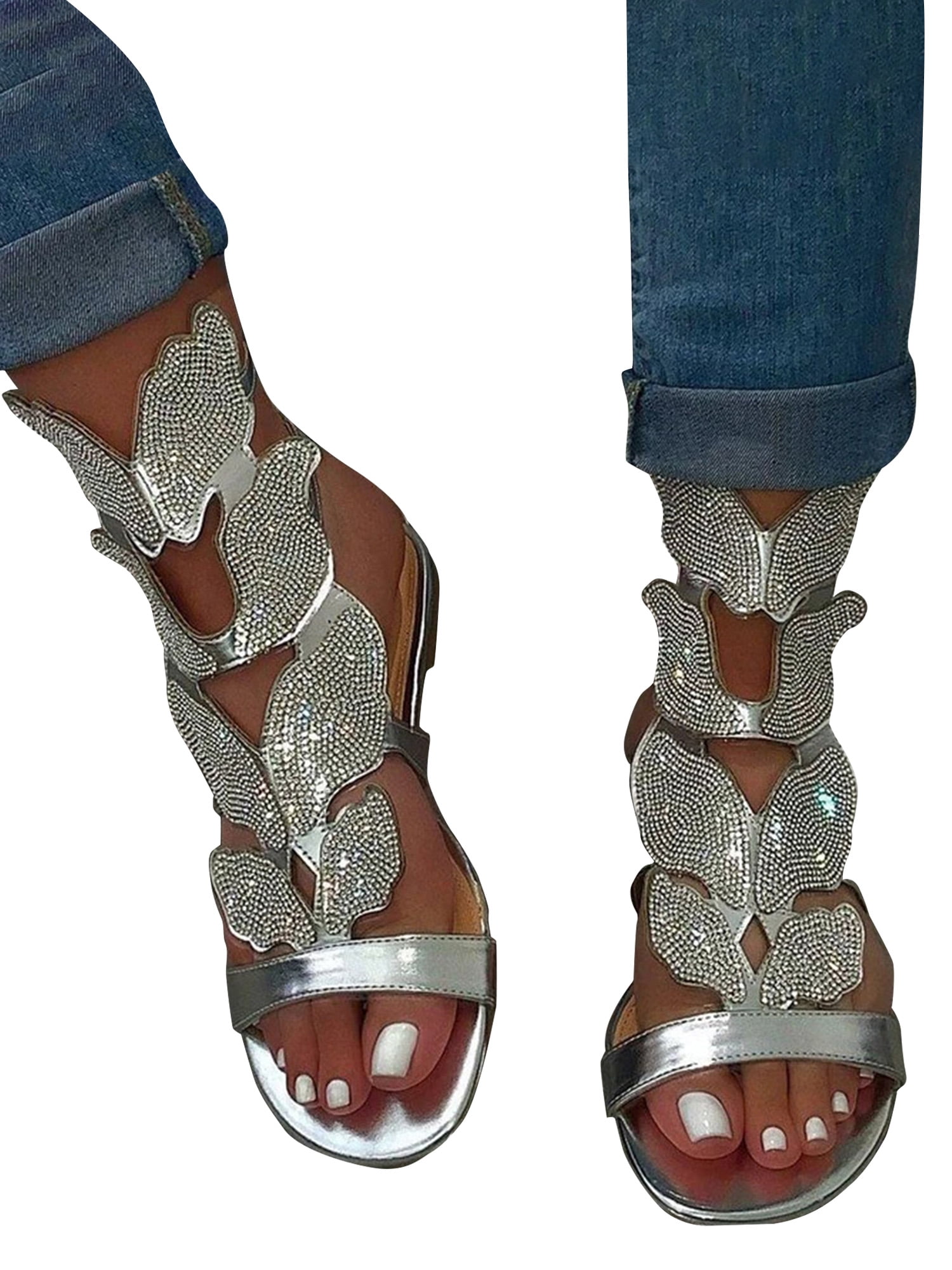 New Women Butterfly Rhinestone Sandals Flat Shoes Glitter Summer Gladiator Size 