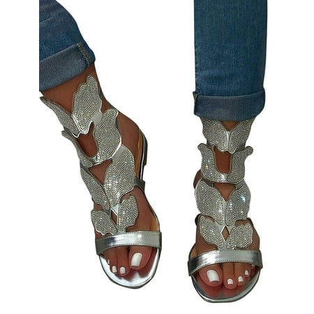 

Fangasis Women Lady Butterfly Rhinestone Gladiator Flat Summer Glitter Sandals Shoes Size