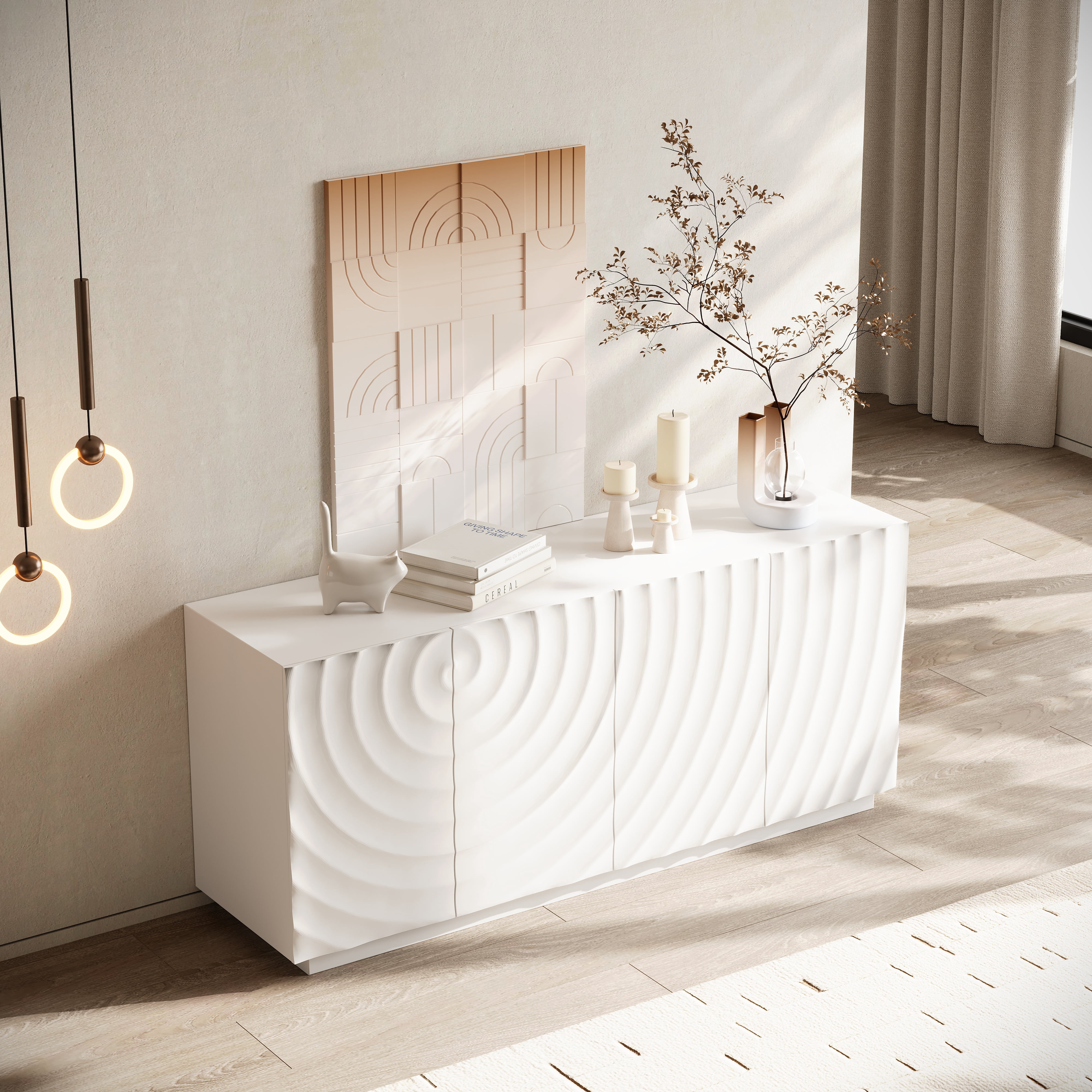 Aukfa Accent Sideboard Buffet Cabinet,Accent Storage Credenza with Ripple Door for Dining & Living Space,White