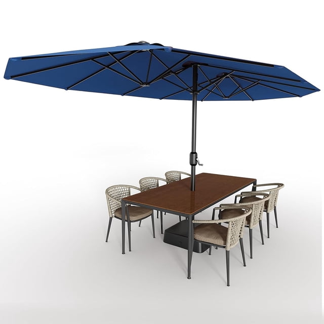Twister.CK 15FT Large Patio Umbrella with Base Included, Double-Sided Rectangle Market Umbrella with Cross Base and Sandbag for Pool Lawn Garden, Navy Blue